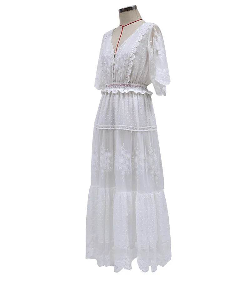 Women's Dress White Hollow Out Cotton Sundress Lace Sleeveless Long Splicing Summer Party Elegant Evening Woman Skirt Clothing - AIAZ