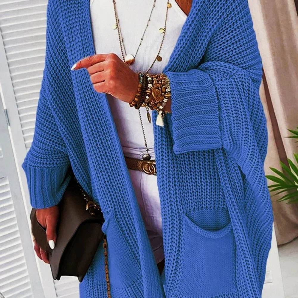 2025 New Knitted Long Cardigan for Women Autumn Casual Loose V-Neck Sweater Coats Ladies Elegant Solid Jumper Jacket with Pocket - AIAZ