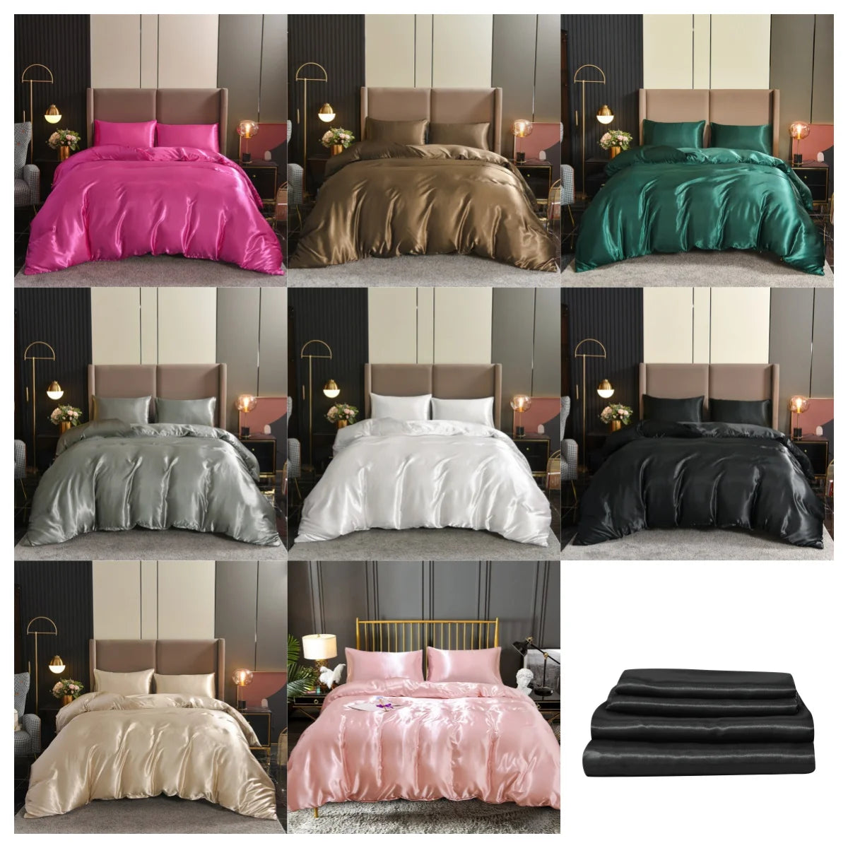 3pcs Satin Duvet Cover Set Bedding Sets Queen Black  Series Luxury Rich Silk Silky Soft Solid   Sexy Honeymoon Wrinkle Free