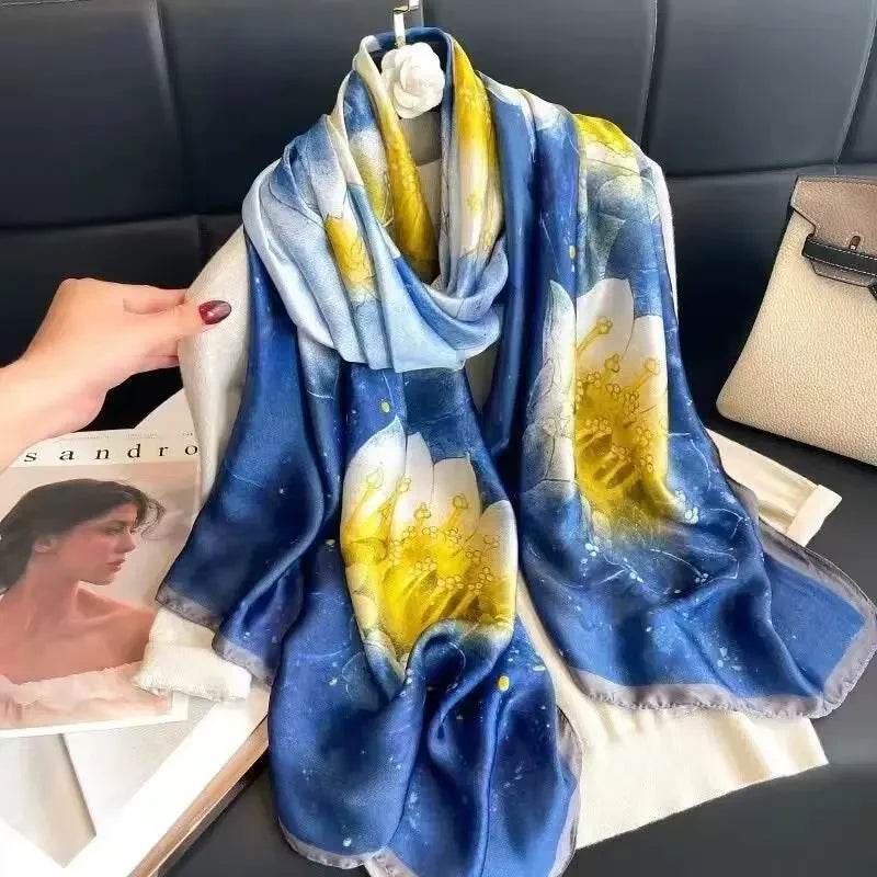 New Summer Women's Silk Scarf Sun Protection Satin Print Extra Long Beach Cover Up Decorative Mom's Shawl Fashionable Accessory - AIAZ