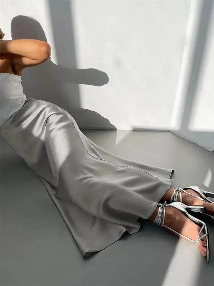 High Waisted Satin Long Skirts for Women Spring/Summer New 2025 Women's Skirt A-line Fashion Elegant Slim Fit Grey Black Skirt - AIAZ