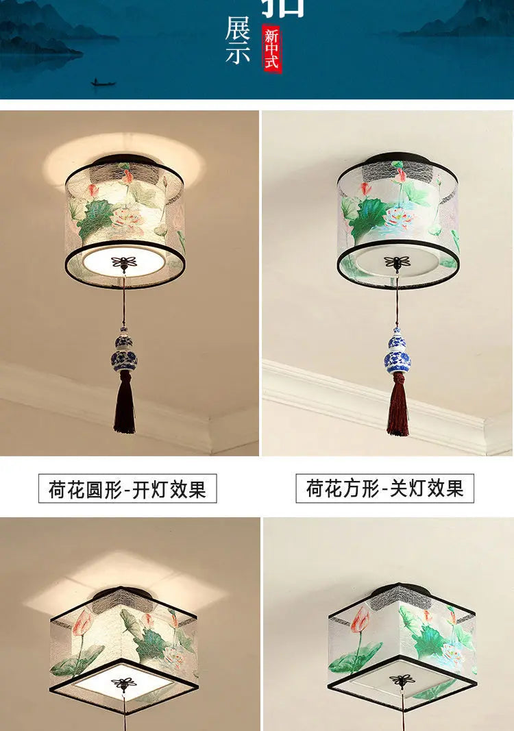 New Chinese Chandelier Lustre Ceiling Lamp Simple Corridor Chinese Painting Ceiling Lights Creative Suspendu Lotus Led Lighting