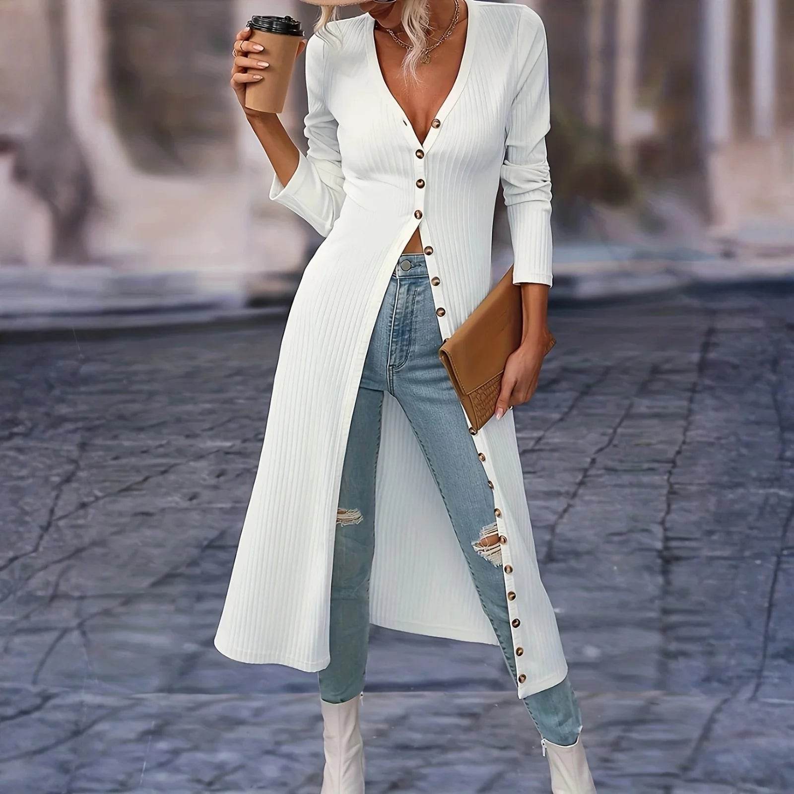 Women's Cardigan V-Neck T-Shirt Tops Fashionable Casual Solid-Color Long-Sleeved Long Tops Single Breasted Slim Fit Streetwear - AIAZ