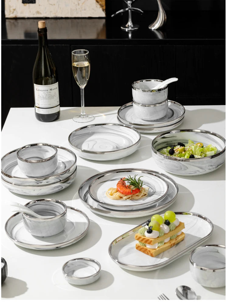 Light Luxury Ceramic Tableware Set Marble Fish Plates With Silver Rim Household Hotel LArge Capacity Soup Bowl Deep Plates