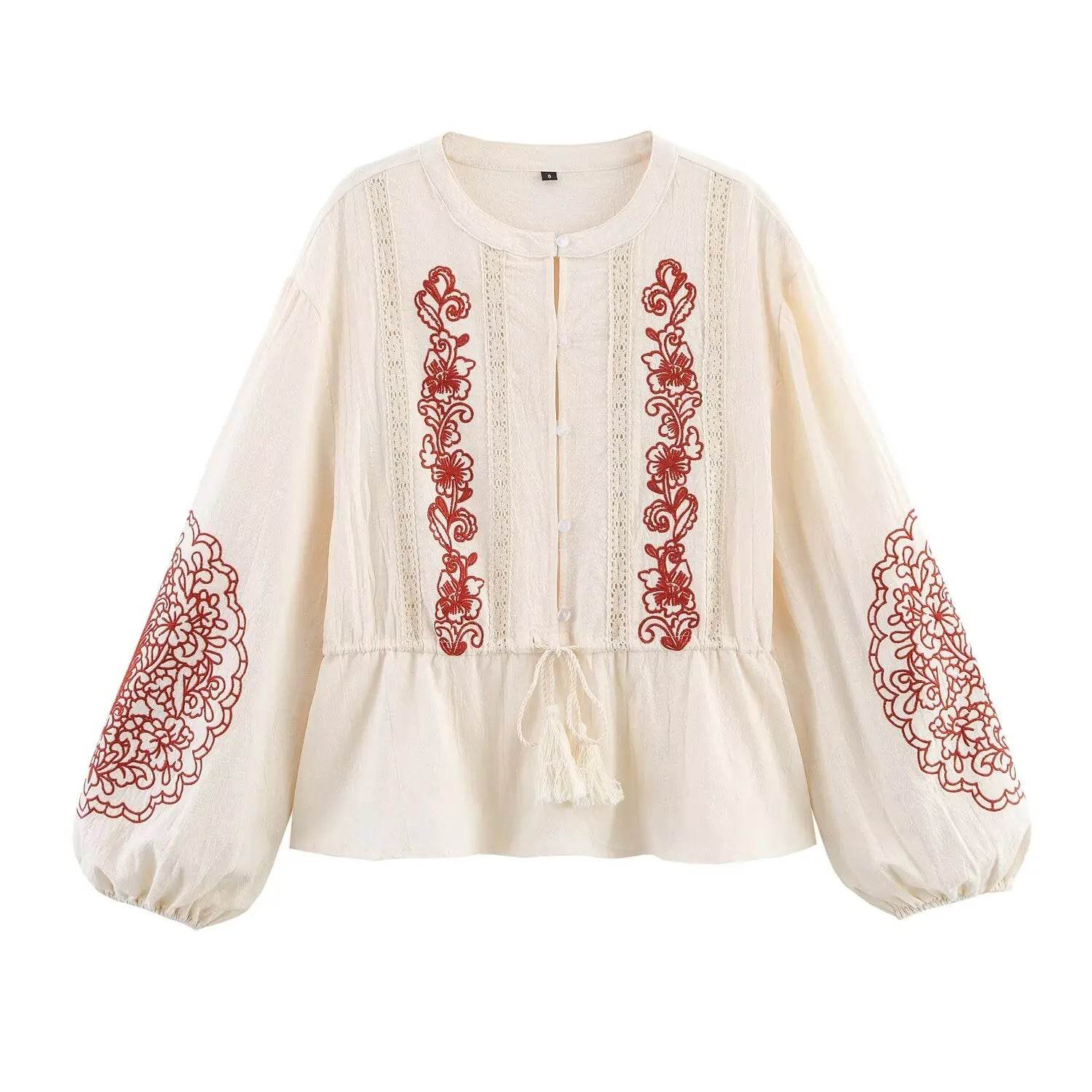 TRAFZR Ruffle Shirt Embroidered Women's Long Sleeve Top Boho Chic Woman Shirts Female Blouse Elegant Oversized Tops 2025 Cotton - AIAZ