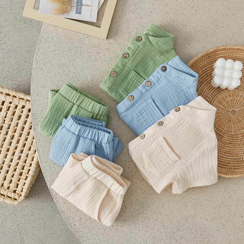 Suefunskry Toddler Boys Summer 2Pcs Casual Outfits Solid Color Short Sleeve Button Tops and Elastic Waist Shorts Sets 6M-4Y