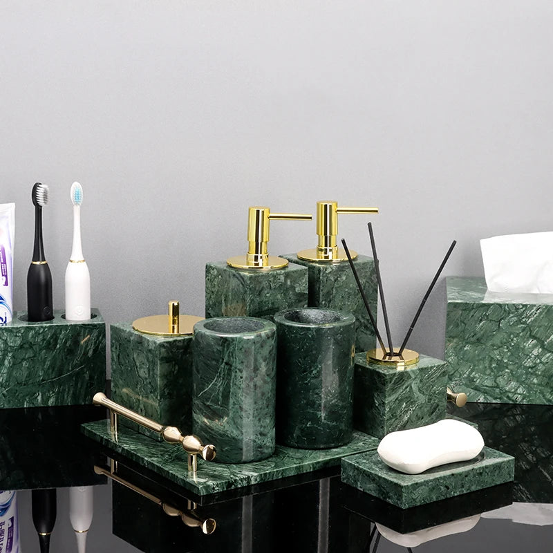Indian Green Natural Marble Bathroom Accessories Retro Soap Dispenser Soap Dish Toothbrush Holder Tissue Box Bathroom Set