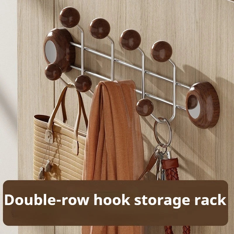 Stainless Steel Double Rows Door Hooks Simple Wood Grain Strong Adhesive Hooks Creative Multifunctional Art Home Decoration