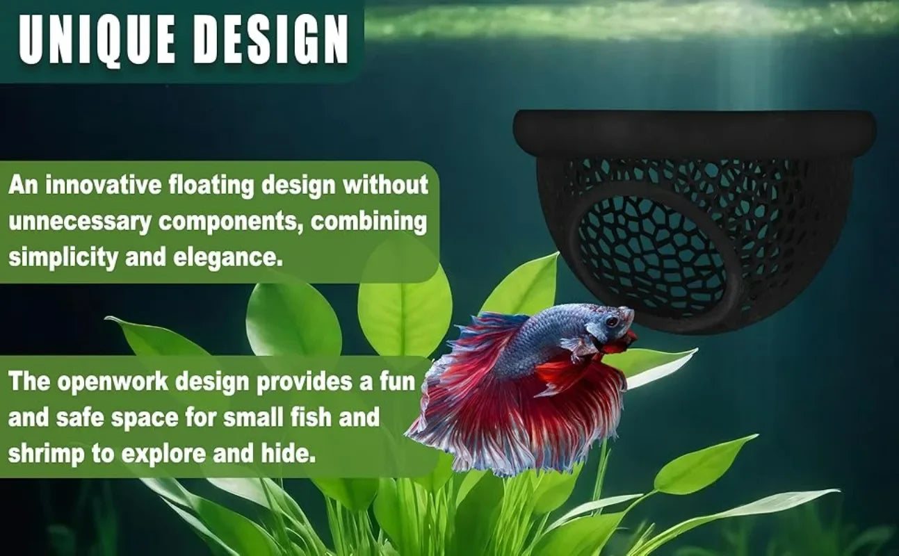 Aquarium Floating Cave Fish Shrimp Hideout Shelter 3-in-1 Hammock Feeding Ring & Resting Spot for Betta Small Aquatic Pets