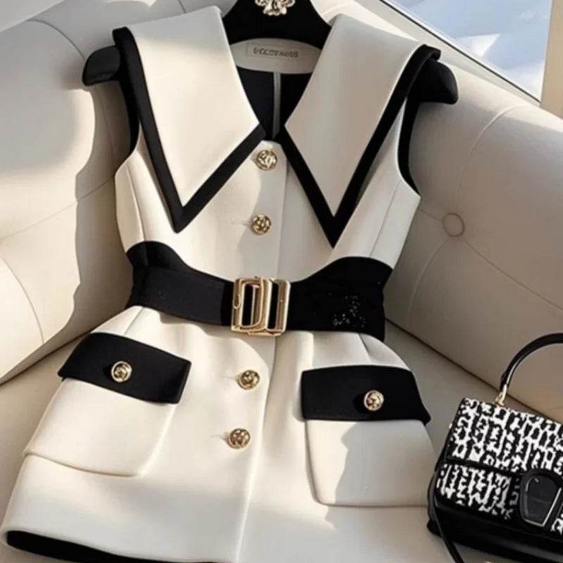 Large Size Summer White Jacket Vest Luxury Big Turndown Collar Point Collar Color Contrast Retro Waistcoat Elegant Office Ladies - AIAZ
