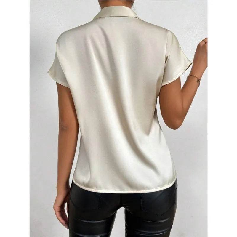 Women Shirt Fashion Bow Satin T-shirt Female Short Sleeve Solid Color All-match Pullover Tee Women's Temperament Summer Tops - AIAZ