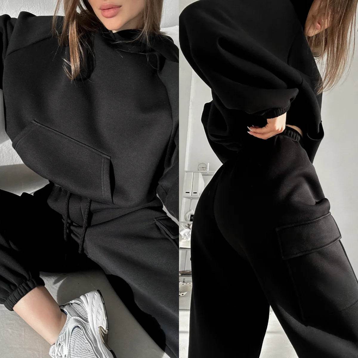 Hoodies Suit Winter Autumn Solid Casual Tracksuit Women Fleece 2 Pieces Set Sports Sweatshirts Pullover Jogger Sweatpants Outfit - AIAZ