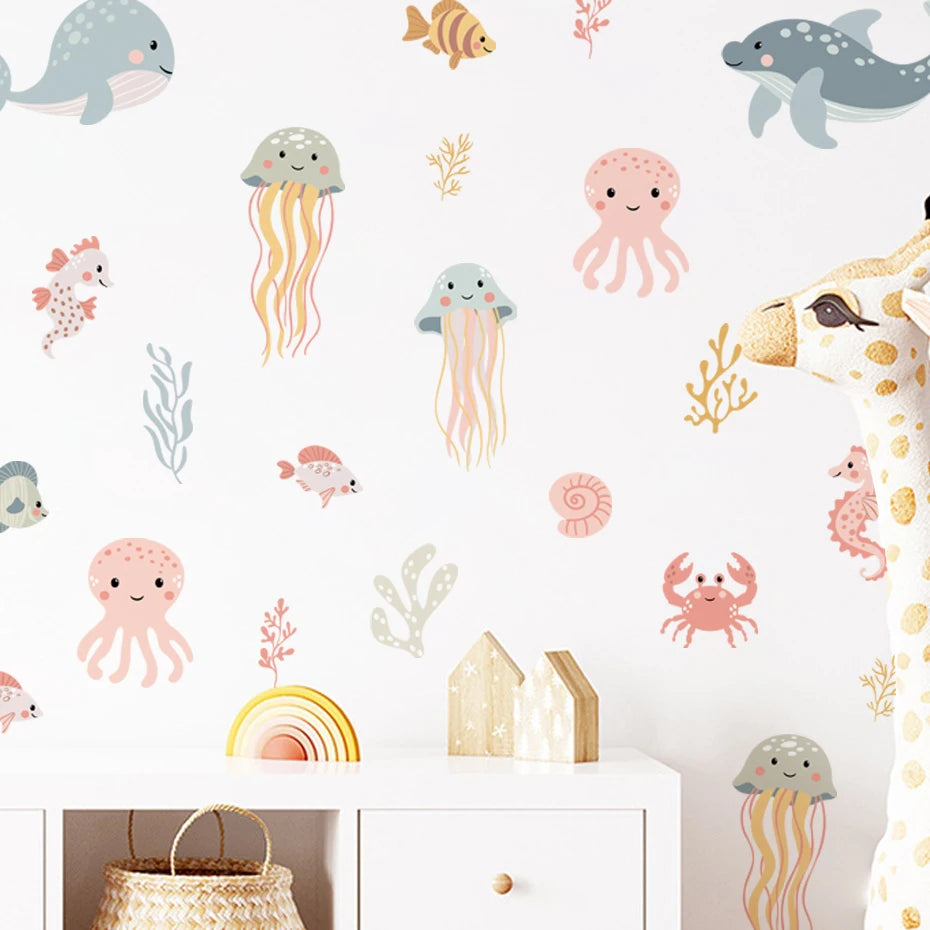 Watercolor Cartoon Ocean Fish Animal Wall Sticker Living Room Bedroom Sea Life Beach Landscape Wall Decal Home Decor
