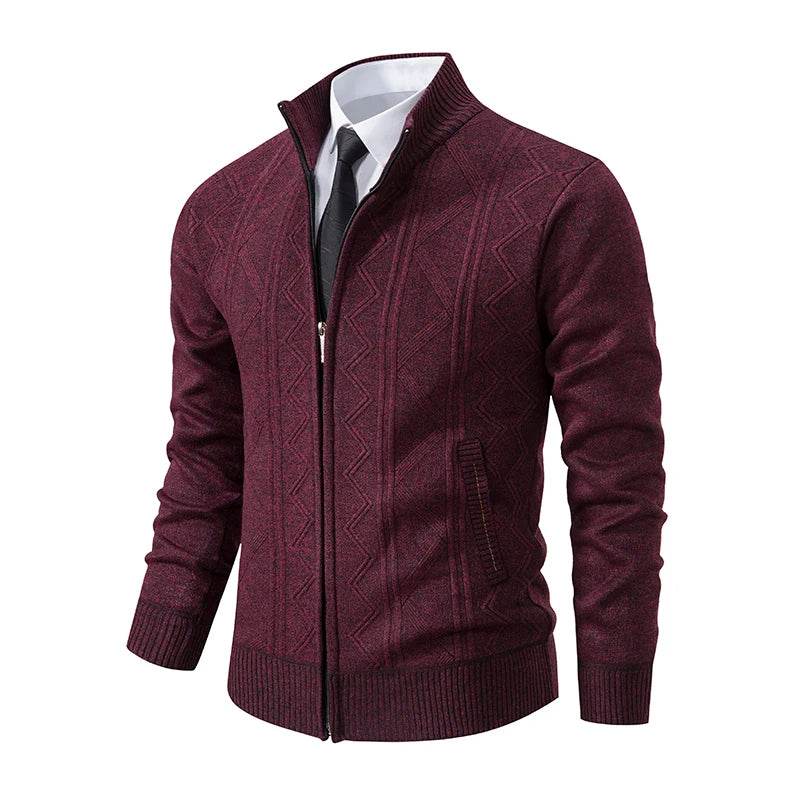 Thickened jacket men's autumn and winter warm trend line stand collar knitted cardigan sweater coat - AIAZ