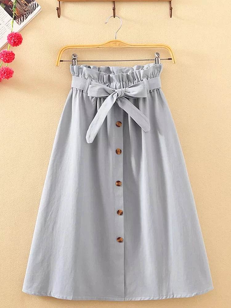 Summer Autumn Skirts Womens Midi Knee Length Korean Elegant Button High Waist Skirt Female Pleated School Skirt - AIAZ