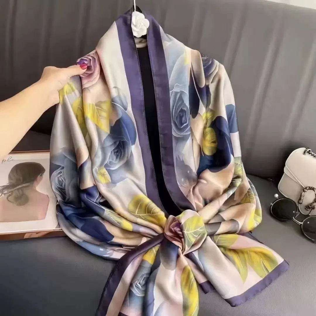 New Summer Women's Silk Scarf Sun Protection Satin Print Extra Long Beach Cover Up Decorative Mom's Shawl Fashionable Accessory - AIAZ