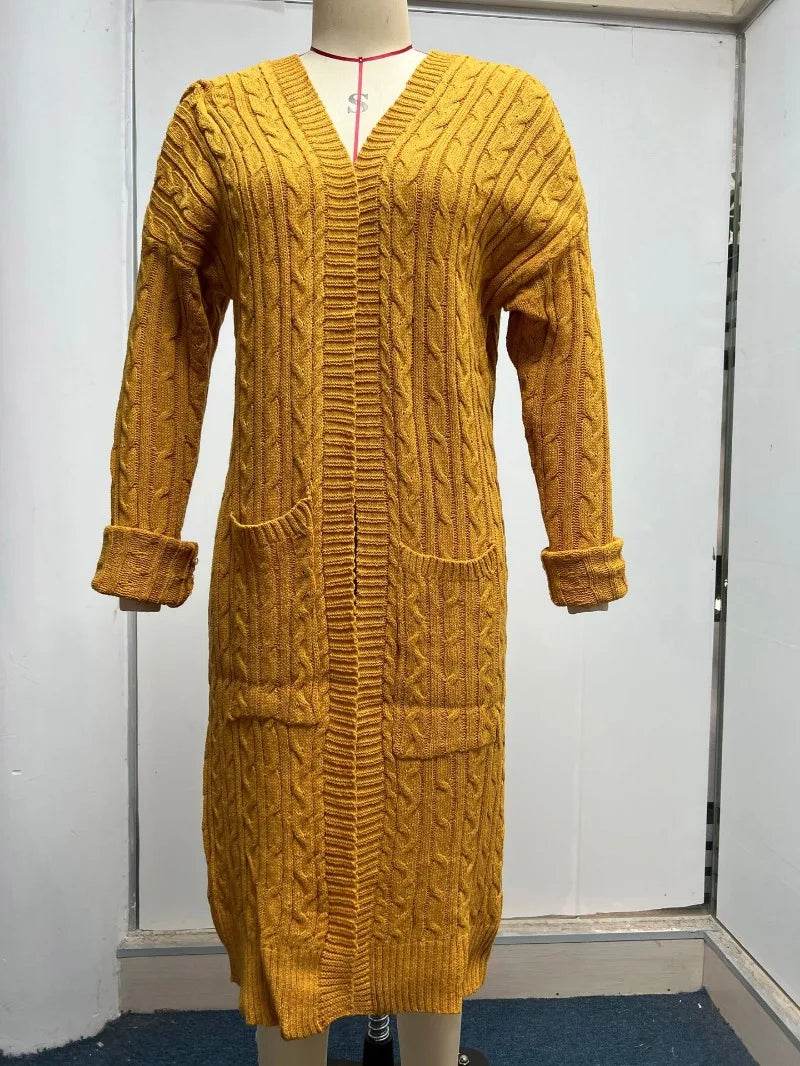 Women Knitted Cardigan Sweater Top Autumn Winter Vintage Fashion Loose Warm Long Sleeve Pocket Twisted Long Knitwear Outwear - AIAZ