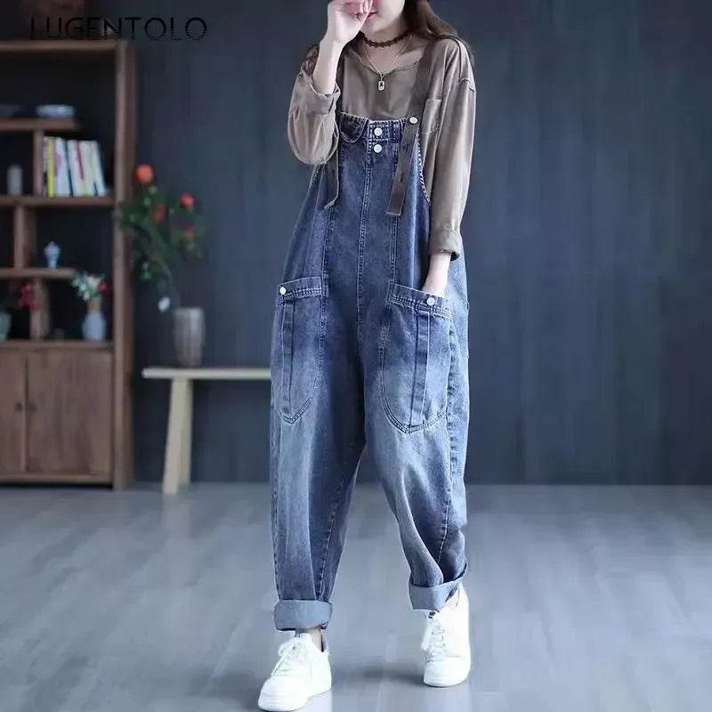 Jumpsuit Women Jeans Rompers New Retro Big Pocket Loose Denim Overalls Fashion Casual Wide-leg Pants Jumpsuits Cloth - AIAZ