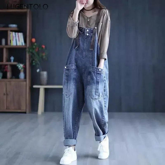 Jumpsuit Women Jeans Rompers New Retro Big Pocket Loose Denim Overalls Fashion Casual Wide-leg Pants Jumpsuits Cloth - AIAZ