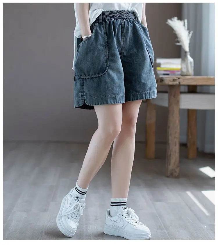 Summer Thin High-waisted Retro Denim Shorts for Women Loose Mid-pants New Wide-leg Large Pocket Five-point Pants - AIAZ