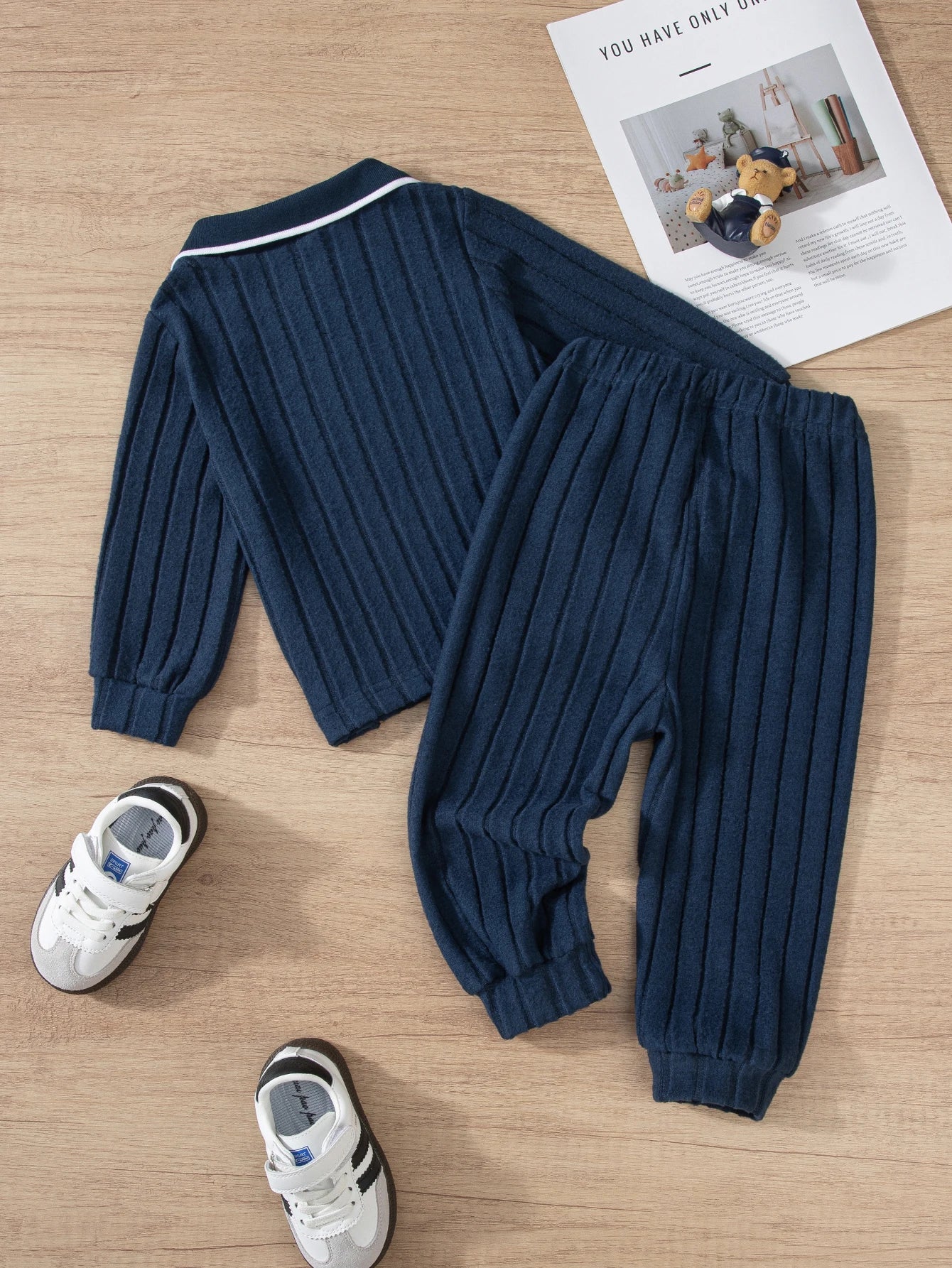 Boys Long Sleeve Lapel Pants Suits Warm Collar Button Two-Piece Set Gentle Autumn Winter Outfit for Kids