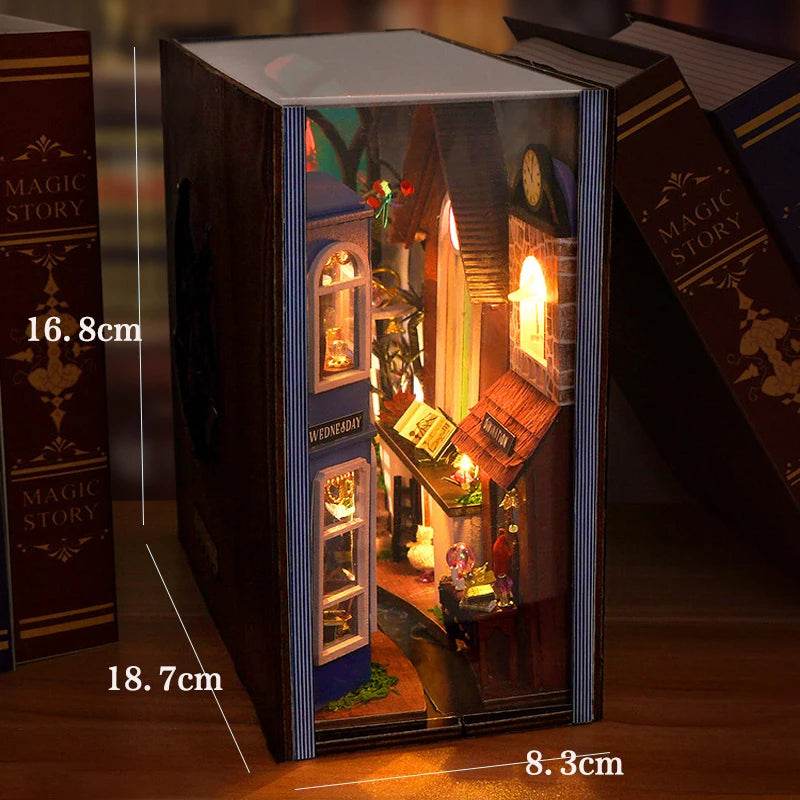 DIY Book Nook Shelf Insert Kit 3D Wooden Puzzle Doll House Assembly Building Model Bookends With Furniture LED Light Xmas Gifts - AIAZ