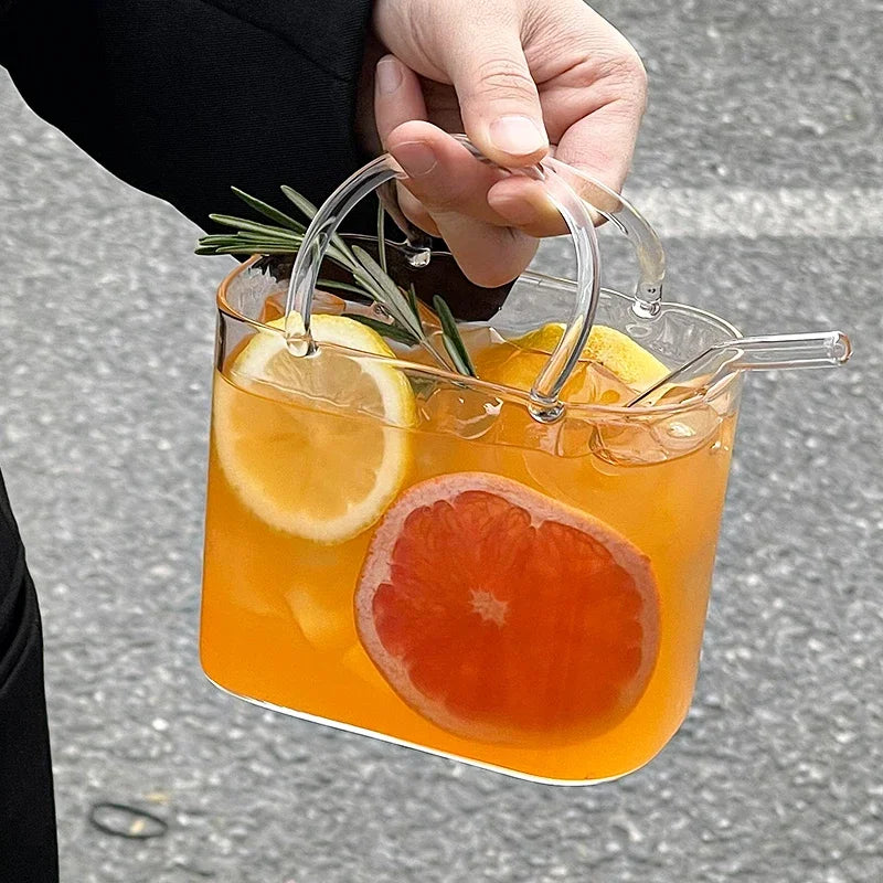 770 Ml Handbag Glass Beverage Cup Cocktail Glass Wine Cups with Straw Creative Fruit Tea Juice Mug for Home Special Drinkware