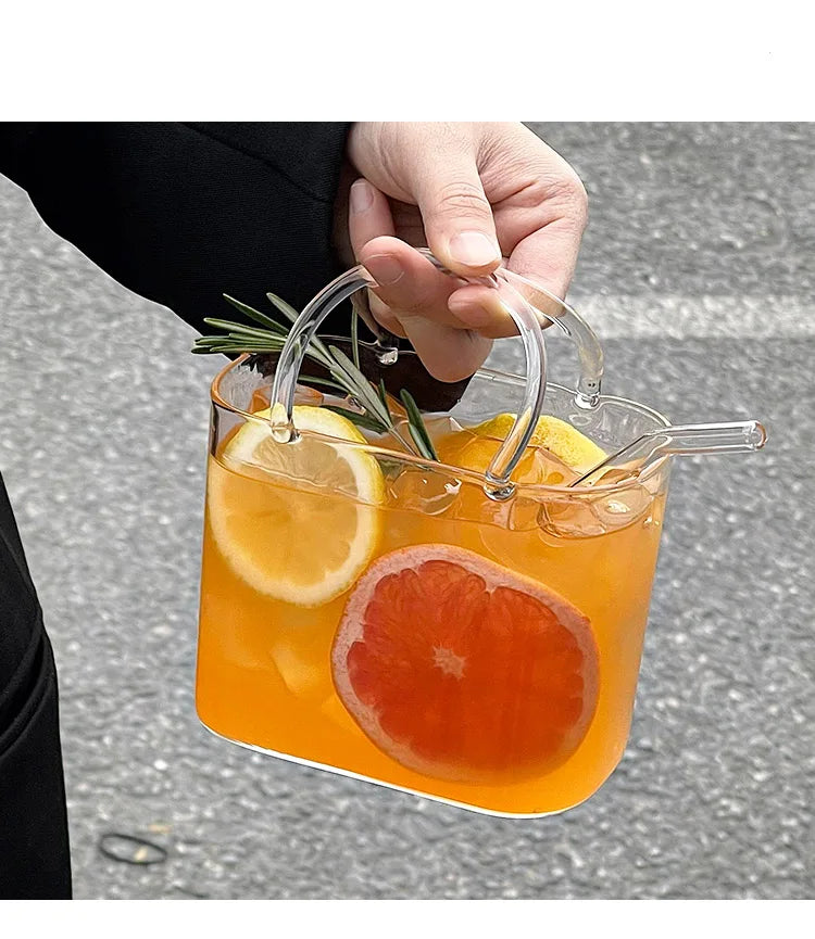 770 Ml Handbag Glass Beverage Cup Cocktail Glass Wine Cups with Straw Creative Fruit Tea Juice Mug for Home Special Drinkware