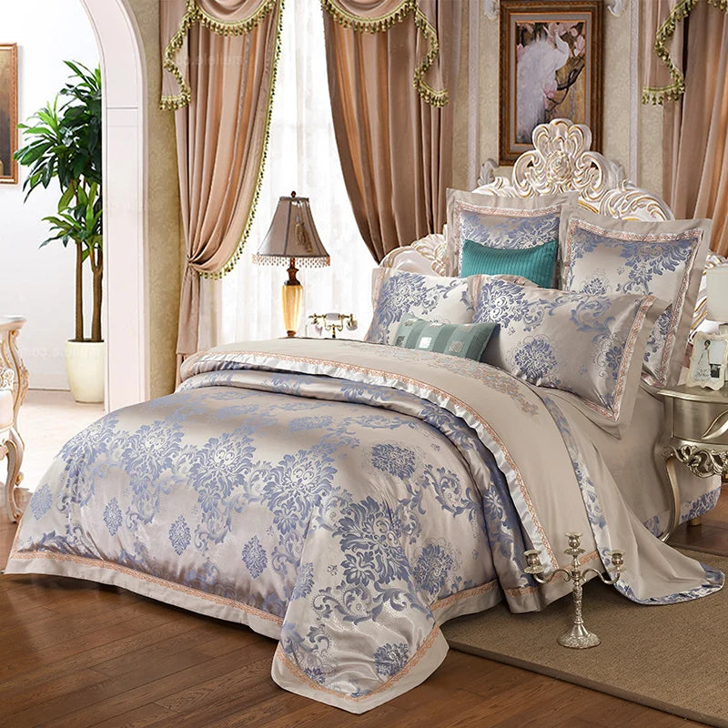 Sliver Gold Luxury Silk Satin Jacquard duvet cover bedding set queen king size Embroidery bed set bed sheet/Fitted sheet set
