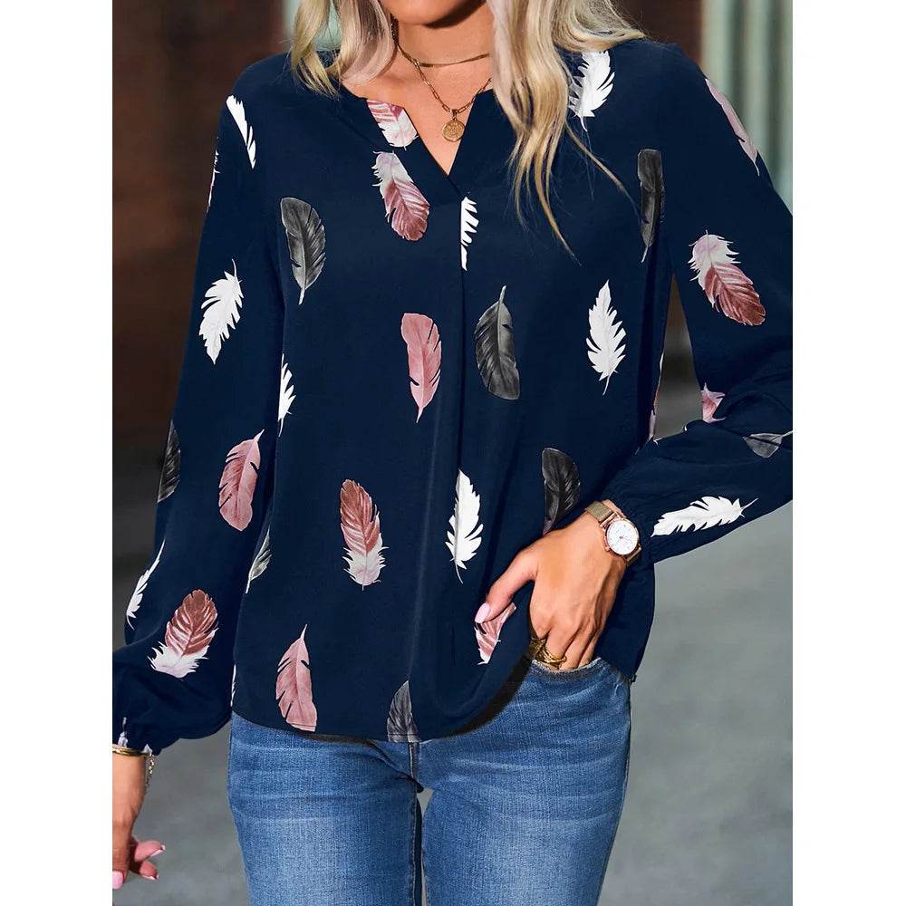 Fashion Woman Blouse Shirts For Women Stylish Top long Sleeve Feather Pattern Female Tops Elegant Chiffon Mujer Woman Clothes - AIAZ