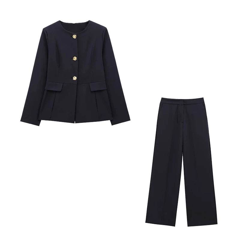 Women's Suit Set Business Formal Blazer & Pants Gold Button Jacket High Waist Straight Leg Office Wear Spring Wrinkle-Resistant - AIAZ