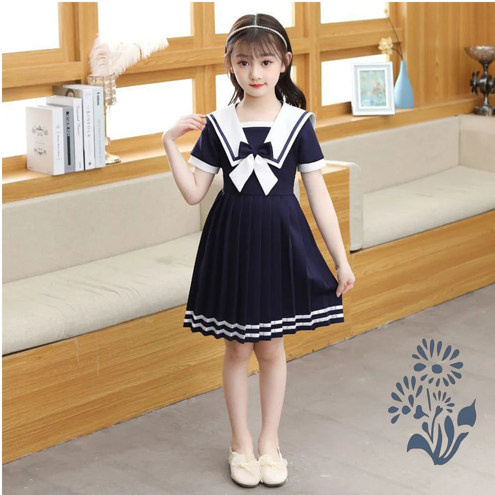 New Solid Color Sailor Dress Girls' Cute Princess Dress Summer Fashion Casual Birthdays Party Dress Girls Lolita JK Dresses