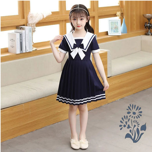 New Solid Color Sailor Dress Girls' Cute Princess Dress Summer Fashion Casual Birthdays Party Dress Girls Lolita JK Dresses