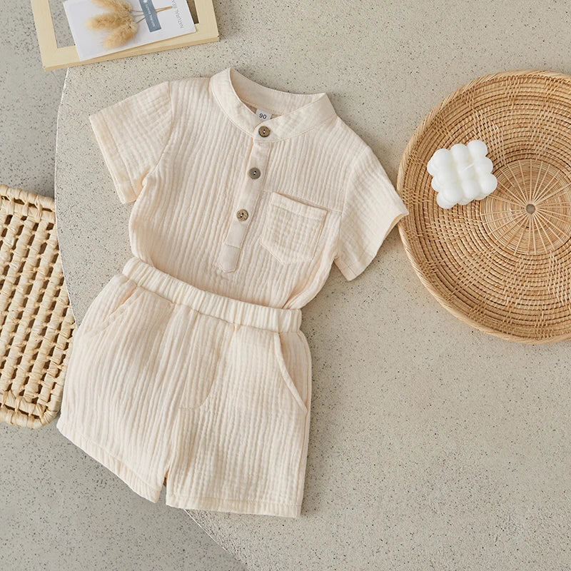 Suefunskry Toddler Boys Summer 2Pcs Casual Outfits Solid Color Short Sleeve Button Tops and Elastic Waist Shorts Sets 6M-4Y