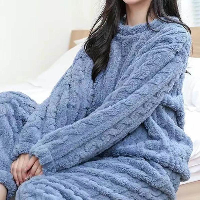Autumn Women Solid Warm 1/2 Piece Sets Thicken Velvet Ribbed Fleece Set Pullover And Pants Women Casual Pajama Sets 2025 - AIAZ