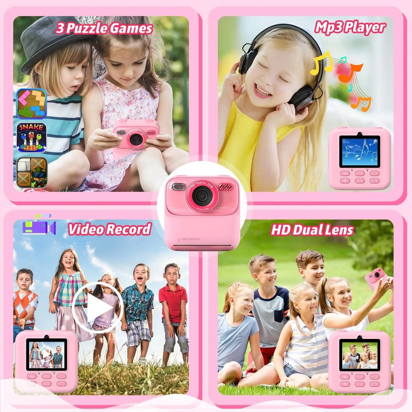 AMORUS Kids Camera Instant 1080P HD Dual Lens Selfie Digital Camera for Girls Boys Christmas Birthday Gifts Toys With 32G Print - AIAZ