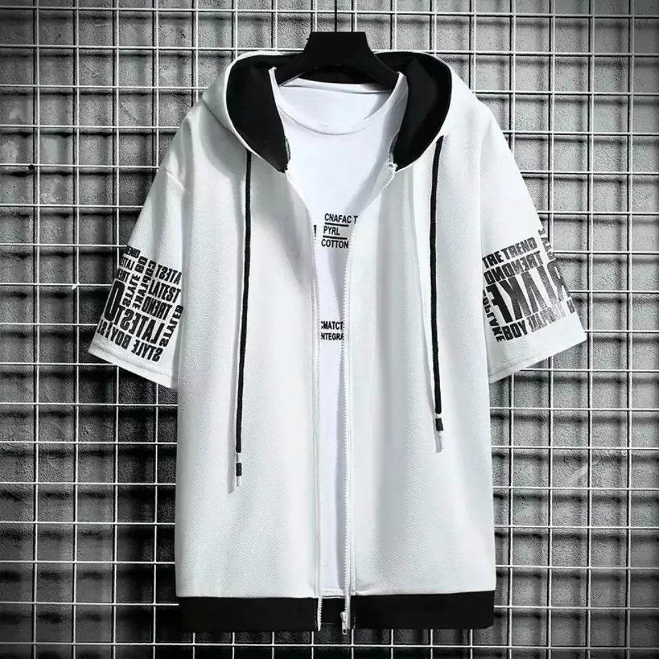Fashion Men's Hoodies Summer Men Clothing T-shirt Zipper Hood Cartoon Casual T Shirt Print Hooded Top Short Sleeve Men - AIAZ