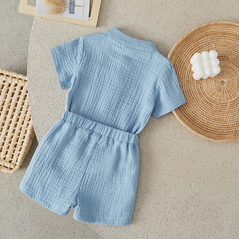 Suefunskry Toddler Boys Summer 2Pcs Casual Outfits Solid Color Short Sleeve Button Tops and Elastic Waist Shorts Sets 6M-4Y