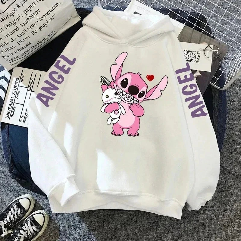 Boys Girls Disney Stitch Angel Cartoon Fun Print Fall and Winter Long Sleeve Top Kids Casual Comfortable Soft Hooded Sweatshirt