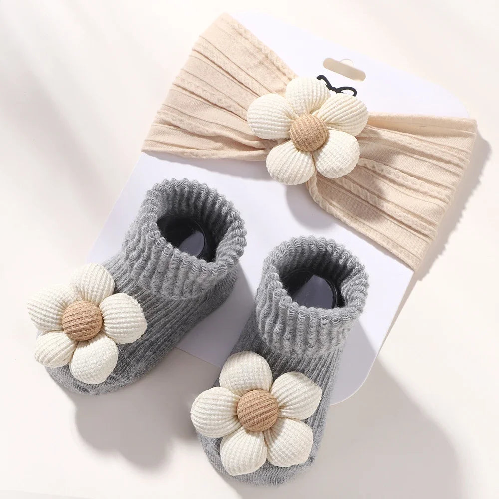2Pcs Flower Baby Headband Socks Set Soft Nylon Hairband for Newborn Girl Elastic Floral Turban Short Sock Infant Headwear