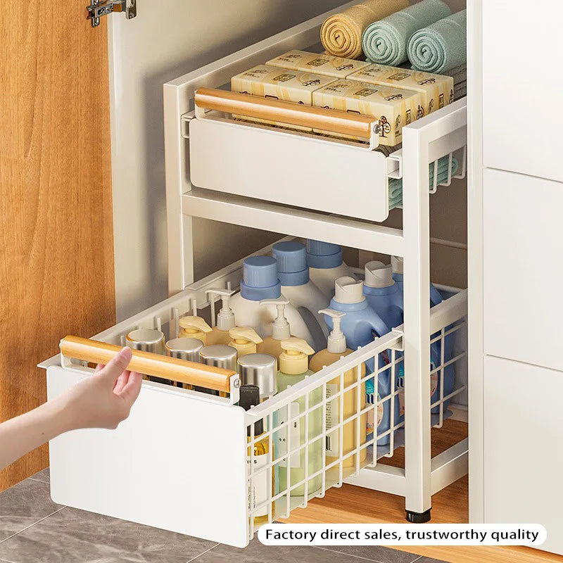 Under Sink Storage Rack Pull out Cabinet Organizer Kitchen Sliding Drawer Storage Basket Handle Bowl Plate Rack Holder Shelves