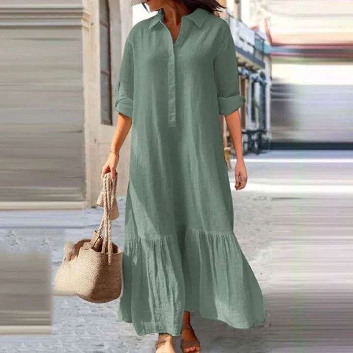 2025 Women's Linen Shirt Dress - Asymmetrical Hem Button Down Casual Dress - AIAZ