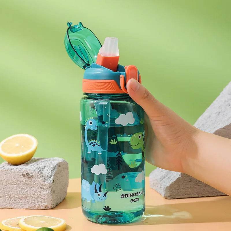 600ml Plastic Sports Water Bottles Cute Cartoon Children's Water Cup with Straw Leakproof Summer Outdoor Portable Kids Kettle - AIAZ