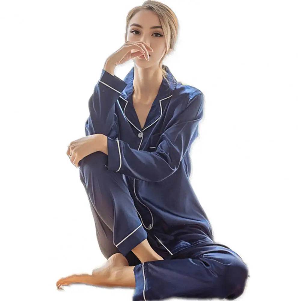 Women Two-piece Pajama Set Classic Design Sleepwear Elegant Women's Silk Pyjama Set with Long Sleeve Button Top Elastic for Home - AIAZ