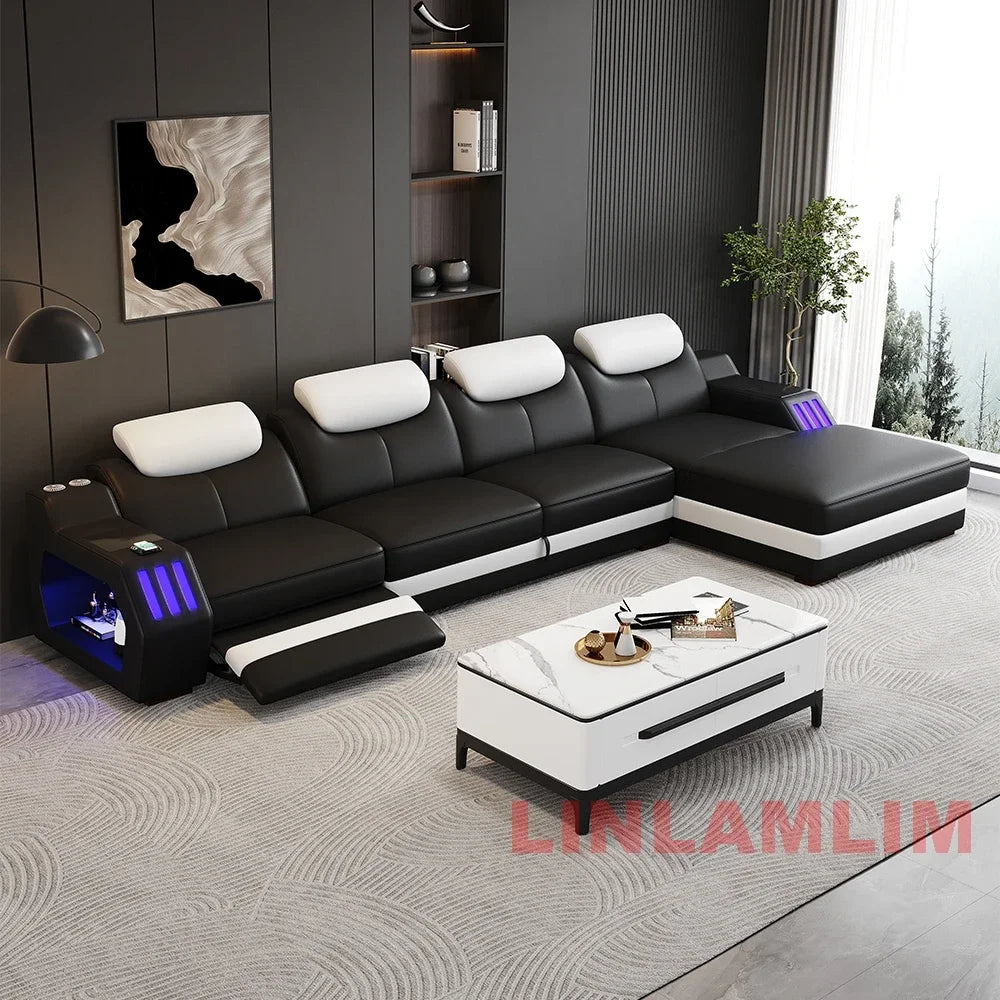 Modern L-Shaped Sectional Sofa Bed with Adjustable Headrests & LED Lights, Genuine Leather Recliner Couch with Storage & USB