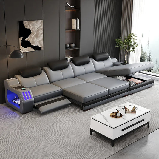 Modern L-Shaped Sectional Sofa Bed with Adjustable Headrests & LED Lights, Genuine Leather Recliner Couch with Storage & USB