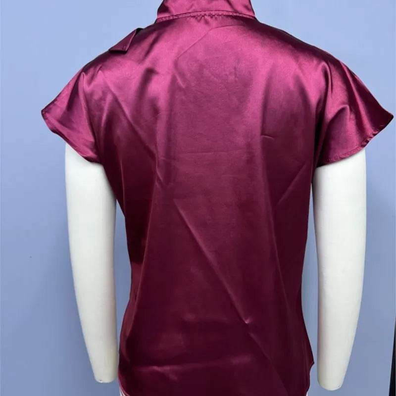 Women Shirt Fashion Bow Satin T-shirt Female Short Sleeve Solid Color All-match Pullover Tee Women's Temperament Summer Tops - AIAZ