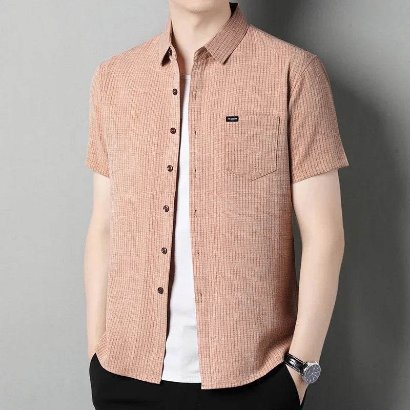 2025 Men's Business Casual Plaid Linen Short Sleeved Shirt Comfortable Top - AIAZ
