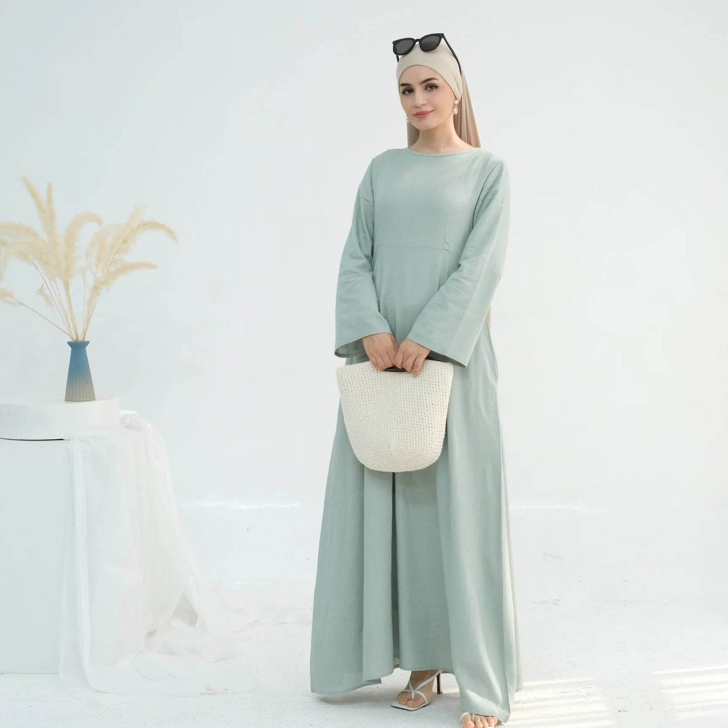 Muslim Women Long Loose Maxi Dress Dubai Turkey Solid Color Cotton Linen Waist Robe Abaya - AIAZ