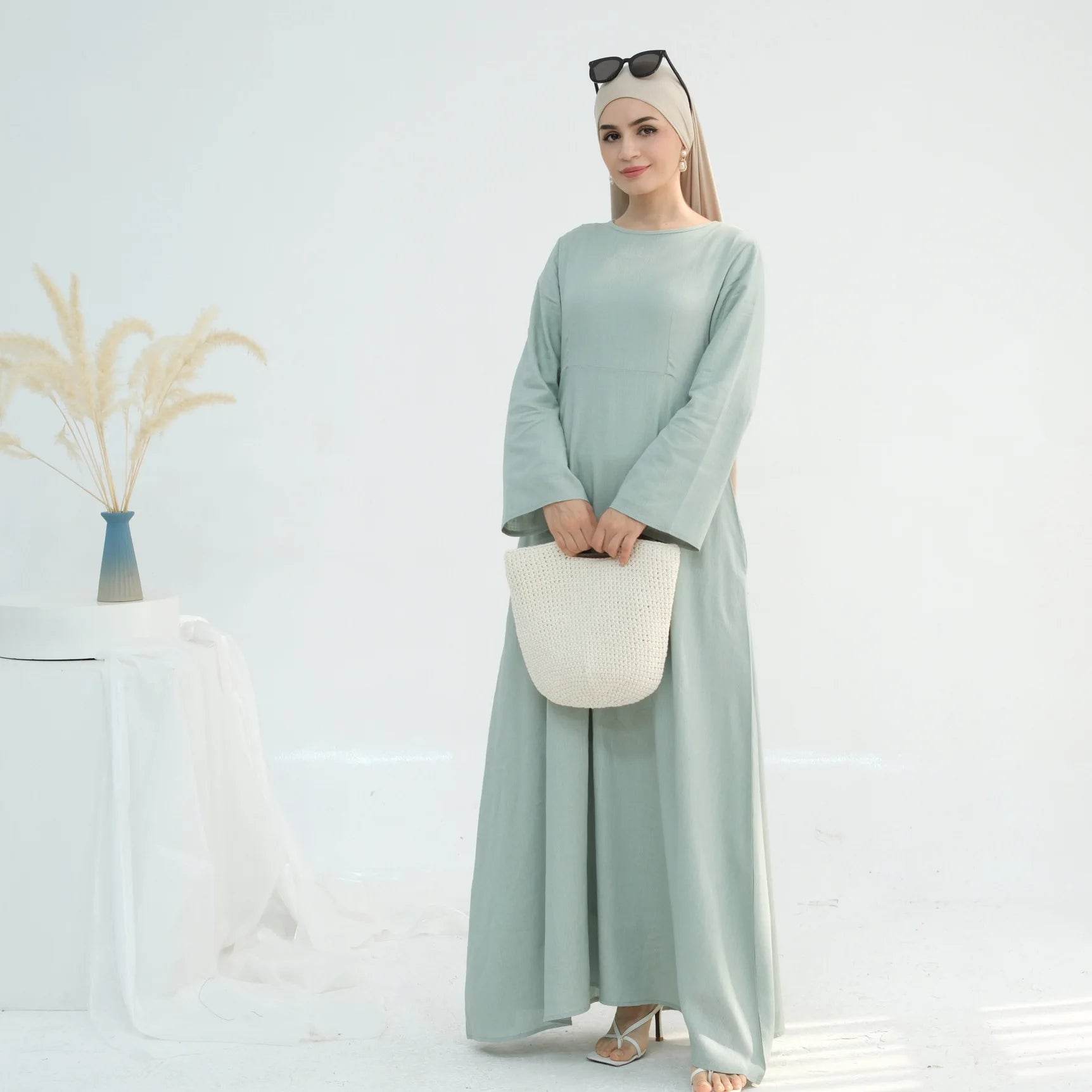 Muslim Women Long Loose Maxi Dress Dubai Turkey Solid Color Cotton Linen Waist Robe Abaya - AIAZ